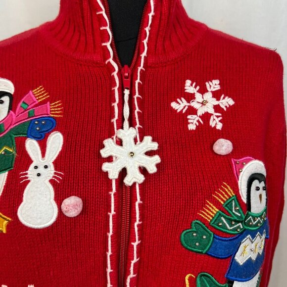 Vintage Christmas Red Cardigan With Embroidered Penguins & Snowmen Theme - Picture 2 of 8
